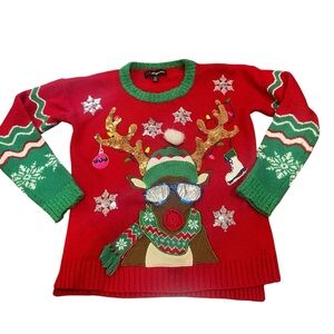 33 Degrees Women’s XS Red Green Festive‎ Ugly Sweater Christmas Reindeer Antlers